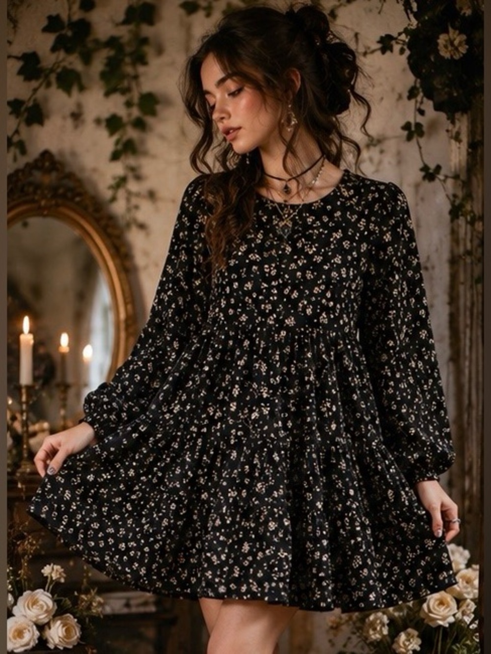 Zara Black Floral Tiered Mini Dress Whimsigoth Cottagecore Crinkle Fabric Size S